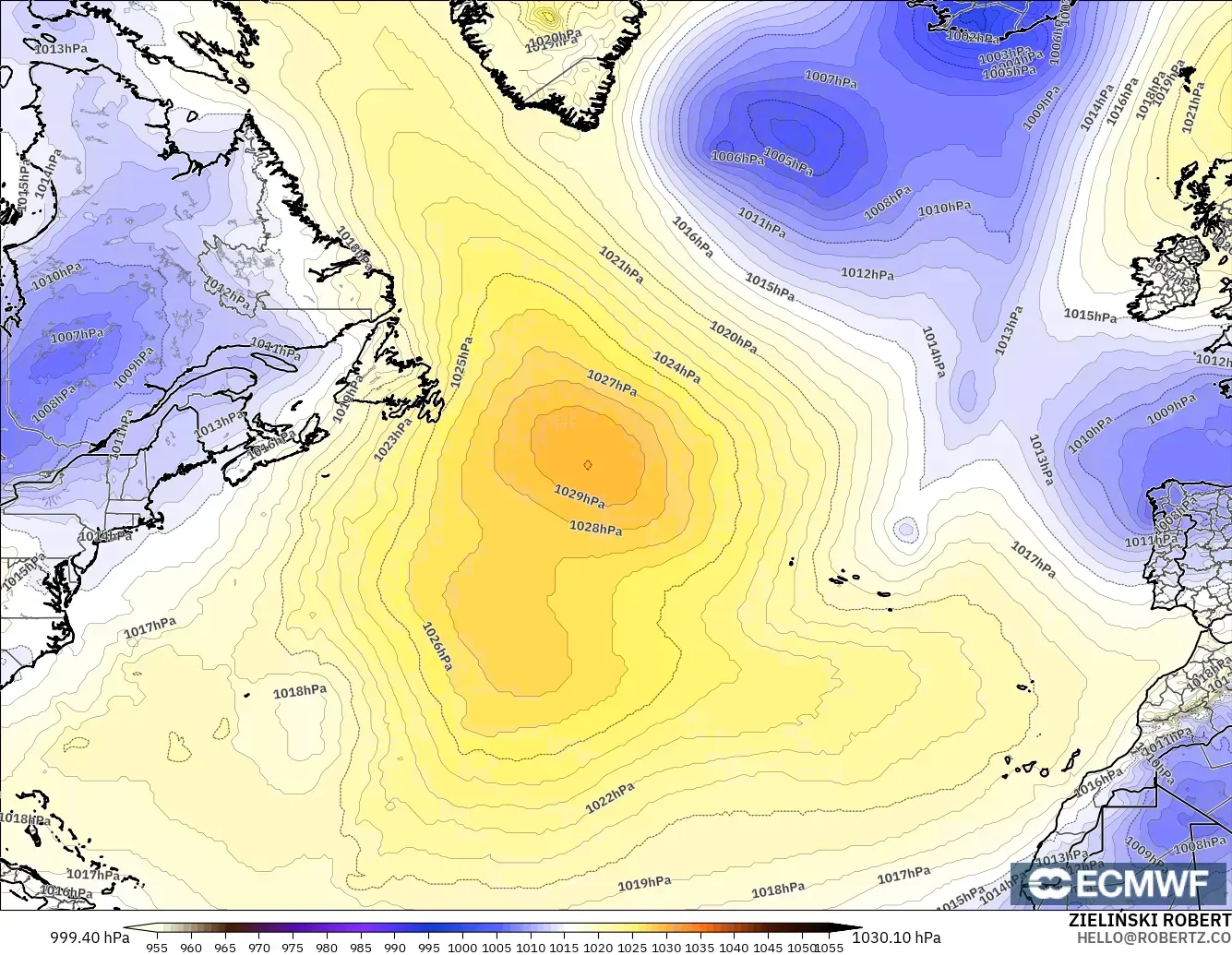 ECMWF IFS 0.25° model - North Atlantic, Pressure