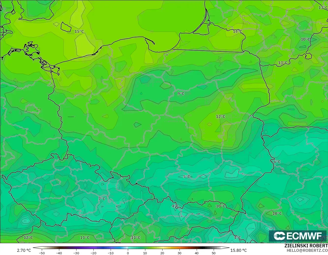ECMWF IFS 0.25° model - Poland, Dewpoint at 2m