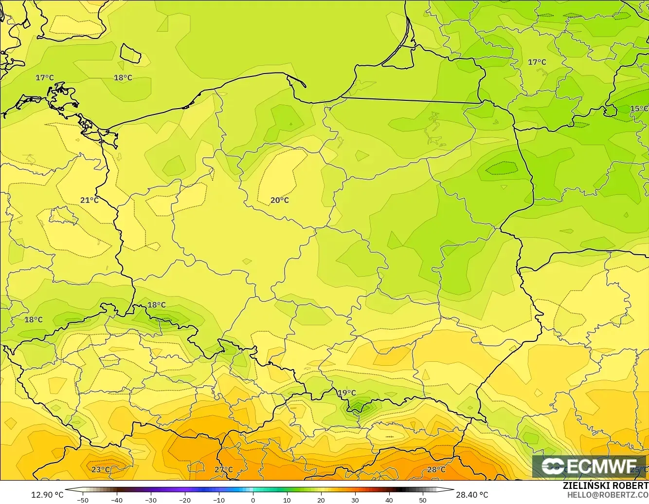 ECMWF IFS 0.25° model - Poland, Temperature at 2m
