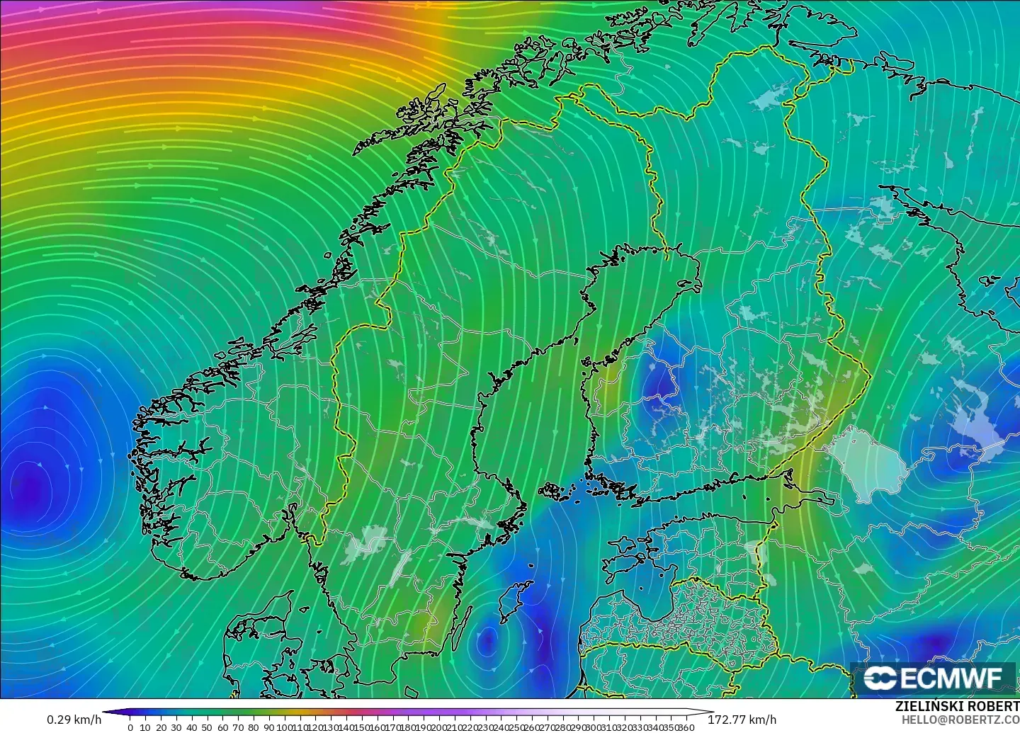 ECMWF IFS 0.25° model - Scandinavia, Wind at 300hPa (jet stream)