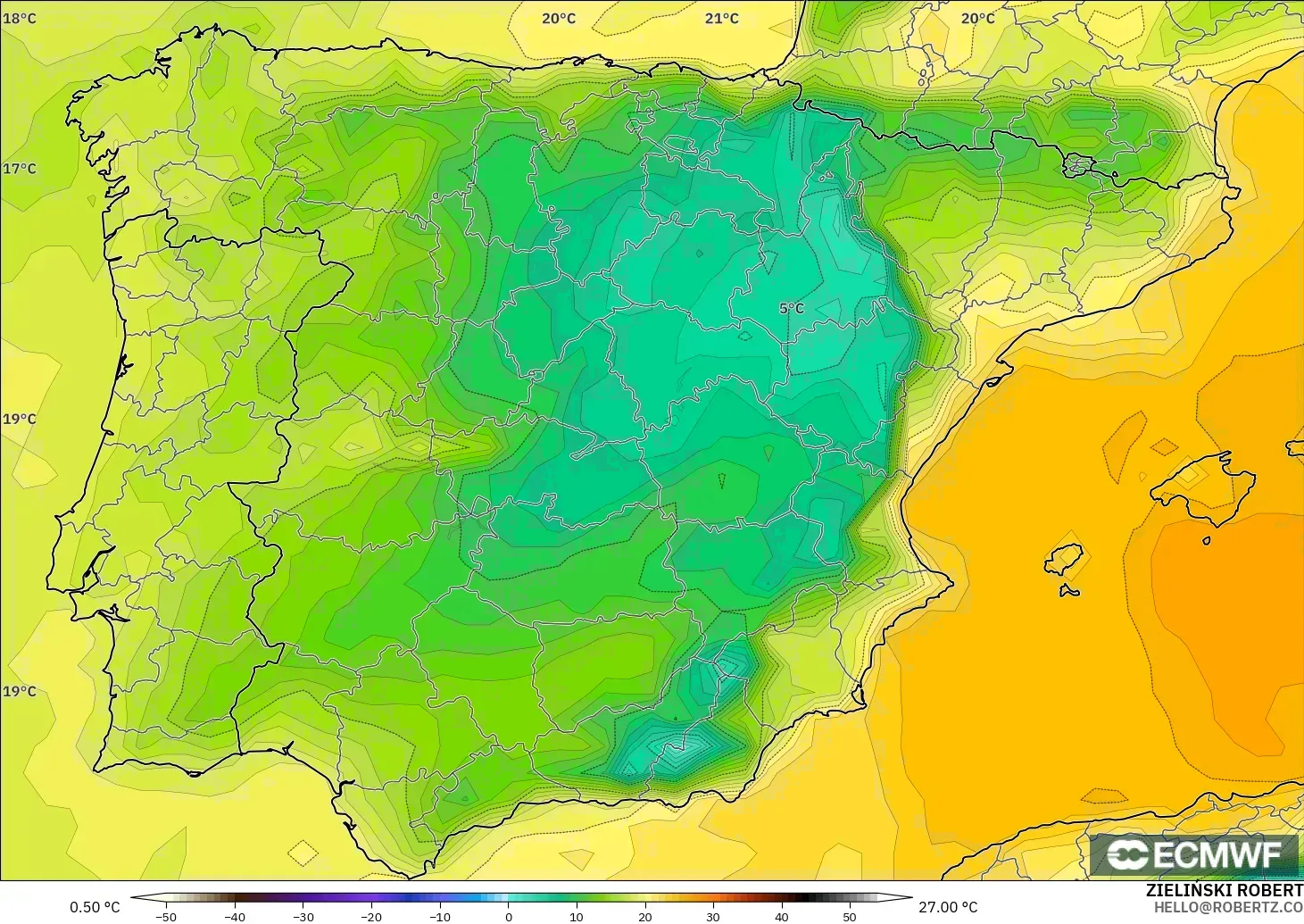 ECMWF IFS 0.25° model - Spain, Dewpoint at 2m