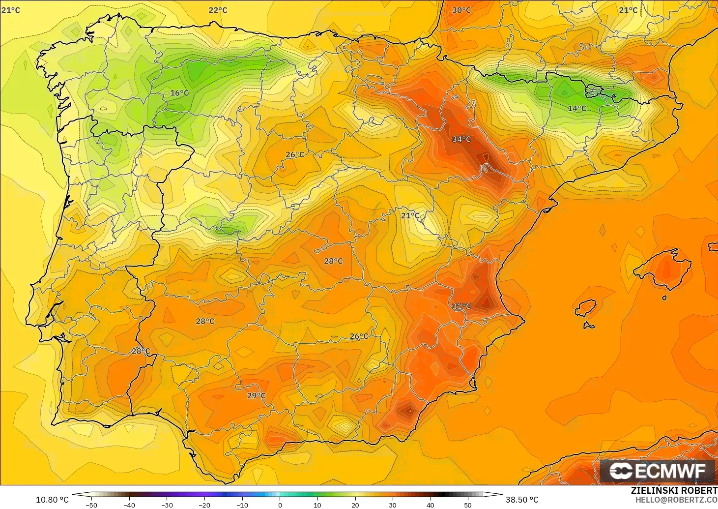 ECMWF IFS 0.25° model - Spain, Temperature at 2m