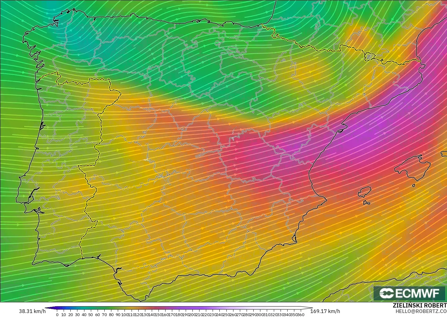 ECMWF IFS 0.25° model - Spain, Wind at 300hPa (jet stream)