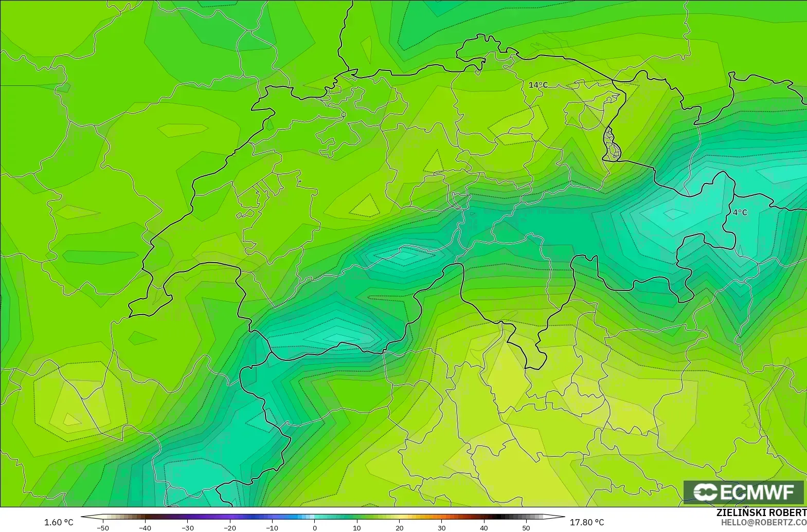 ECMWF IFS 0.25° model - Switzerland, Dewpoint at 2m