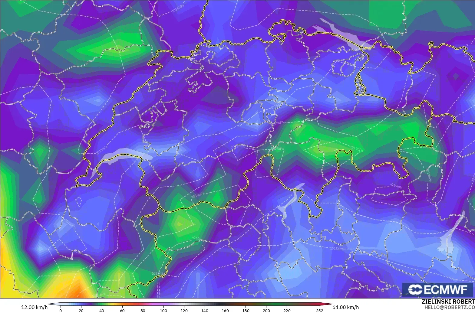 ECMWF IFS 0.25° model - Switzerland, Wind Gusts