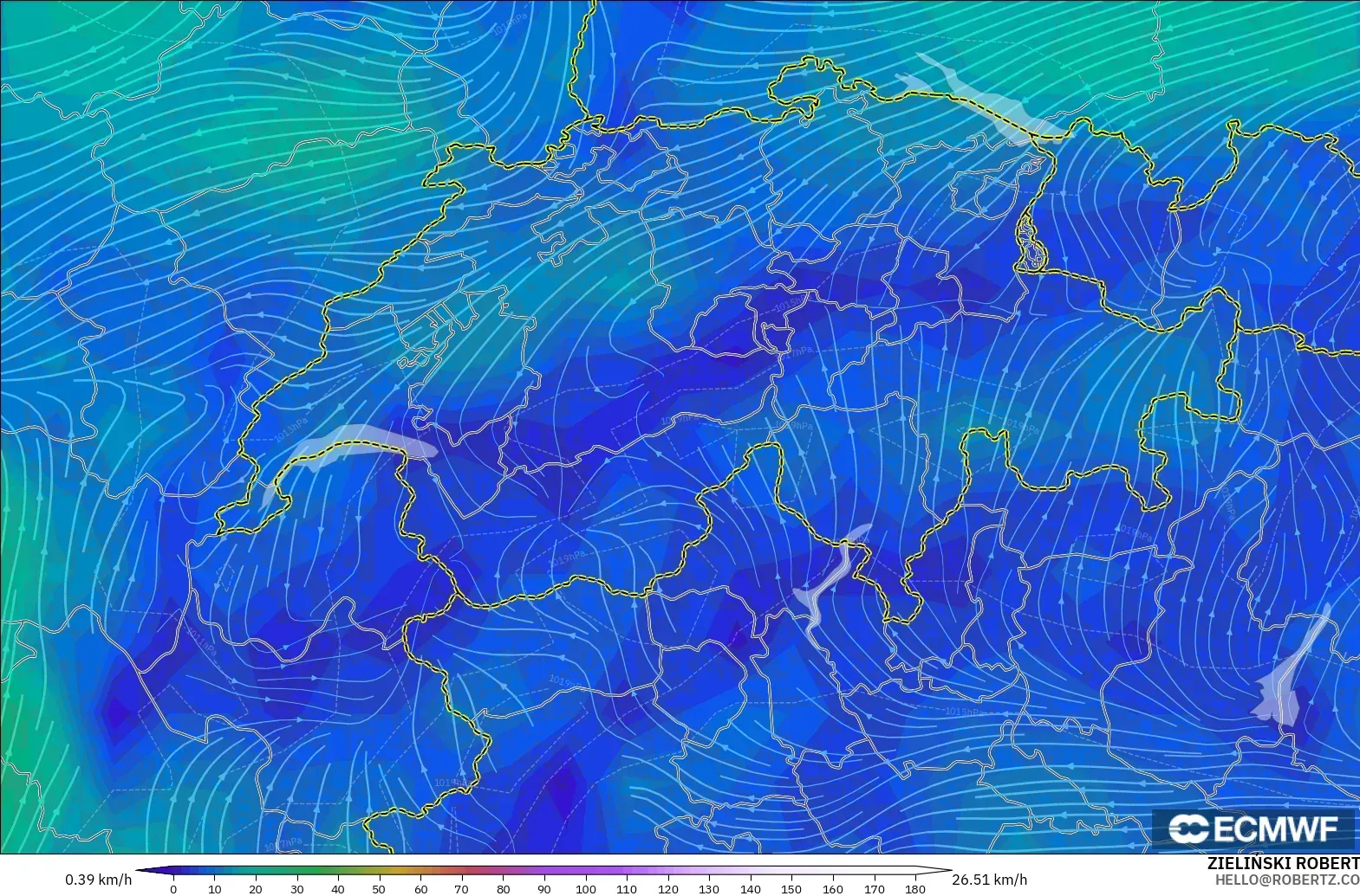 ECMWF IFS 0.25° model - Switzerland, Wind at 10m