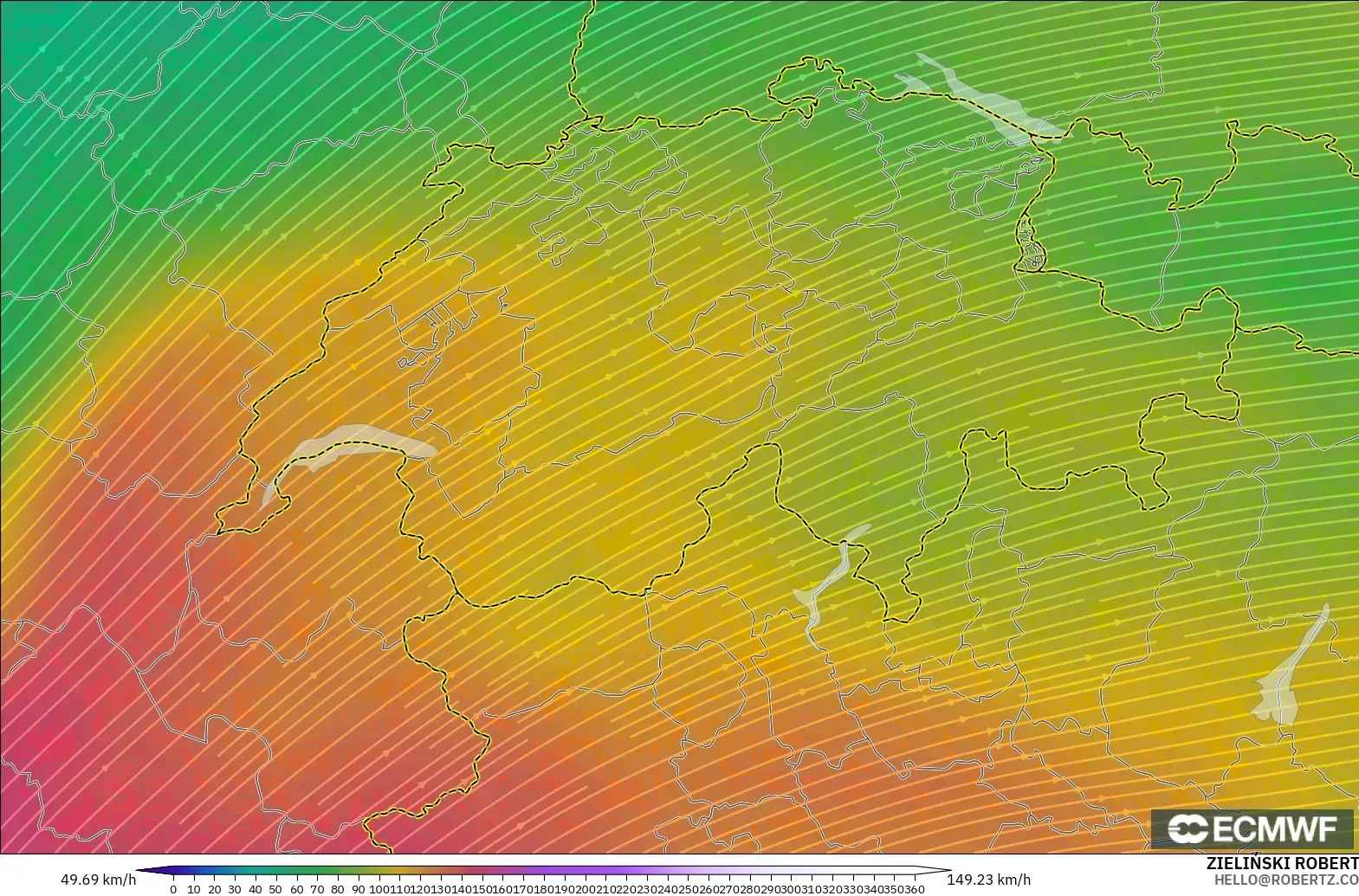 ECMWF IFS 0.25° model - Switzerland, Wind at 300hPa (jet stream)