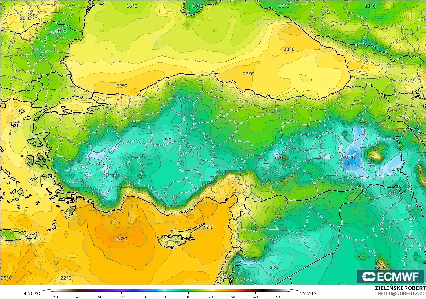 ECMWF IFS 0.25° model - Turkey, Dewpoint at 2m