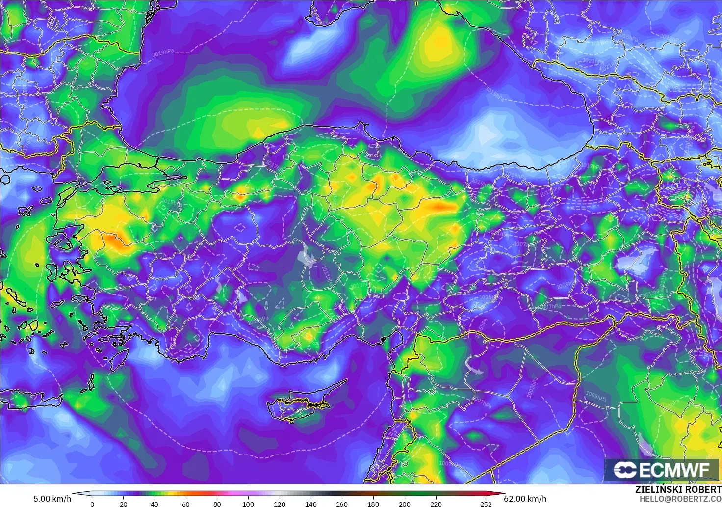 ECMWF IFS 0.25° model - Turkey, Wind Gusts Peak