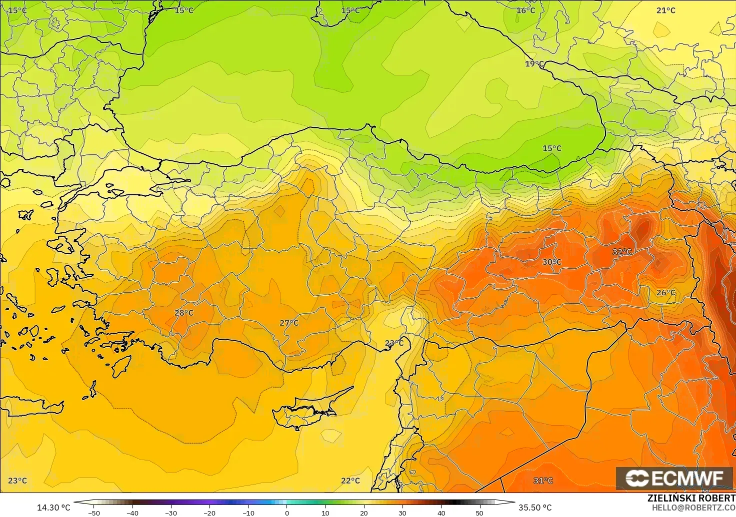 ECMWF IFS 0.25° model - Turkey, Temperature at 850hPa