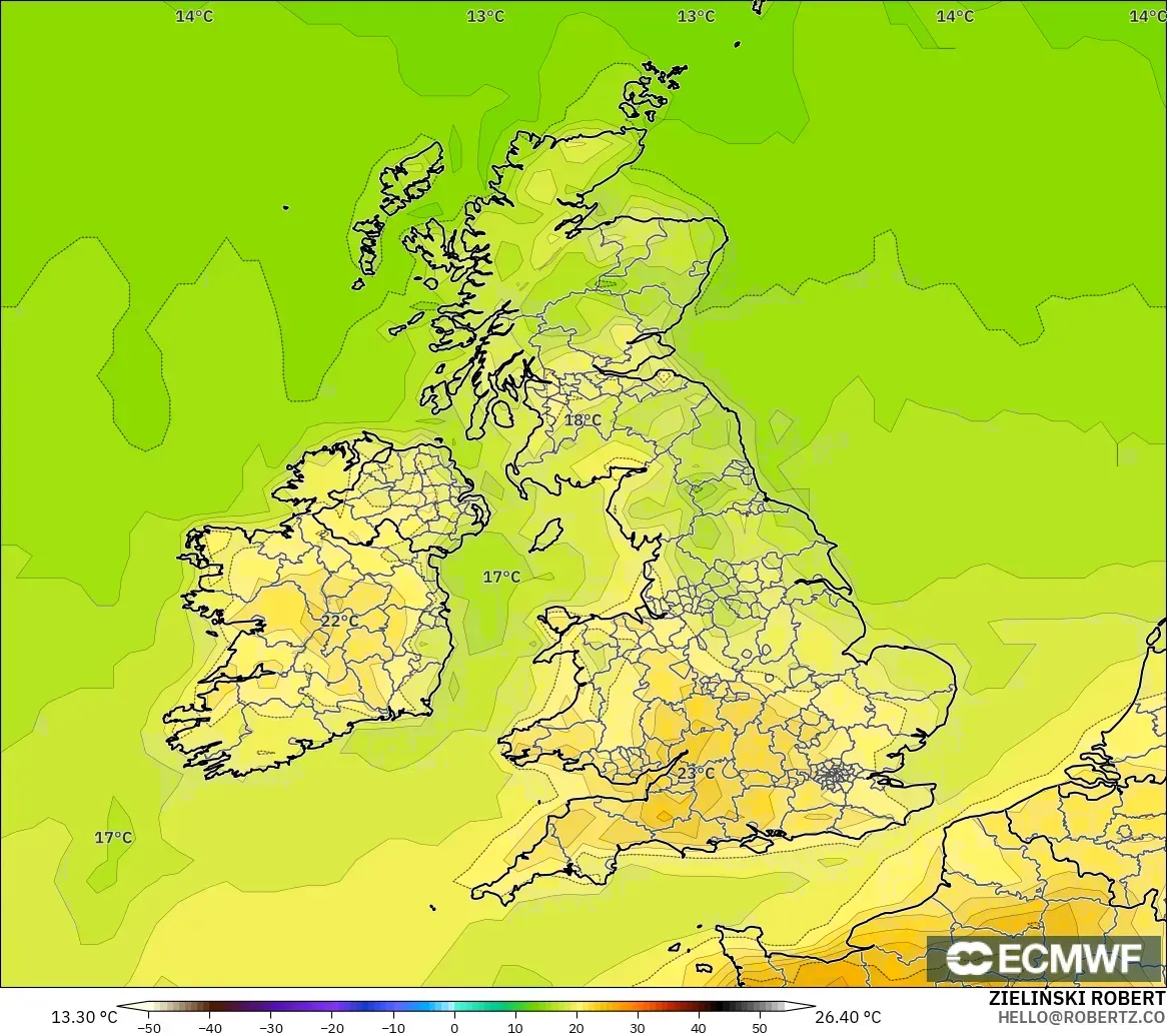 ECMWF IFS 0.25° model - United Kingdom, Temperature at 2m