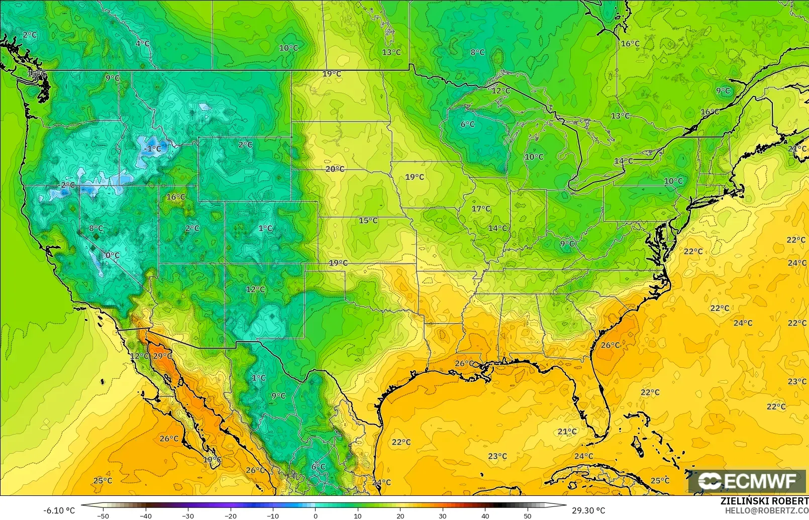 ECMWF IFS 0.25° model - United States, Dewpoint at 2m