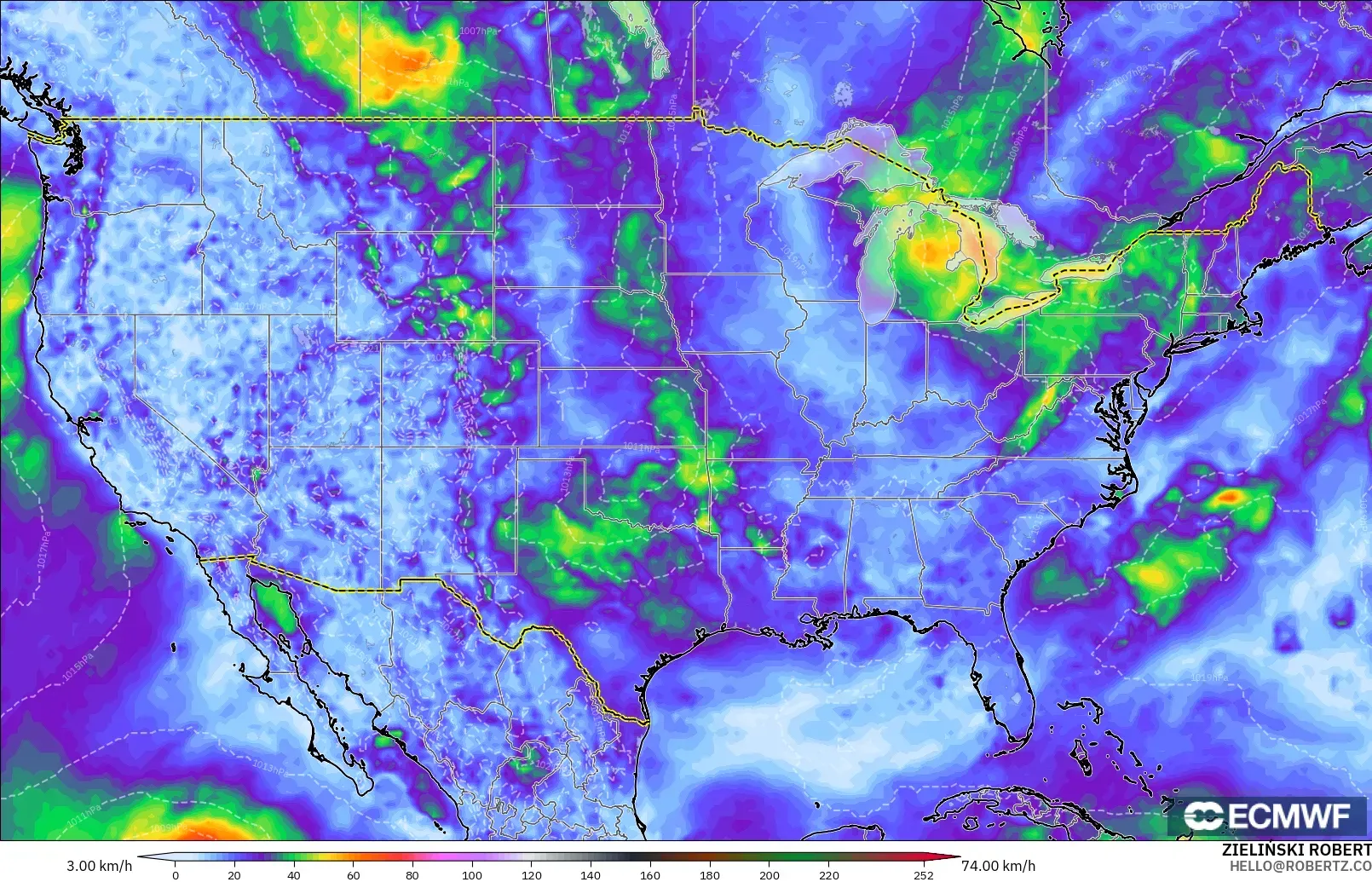 ECMWF IFS 0.25° model - United States, Wind Gusts