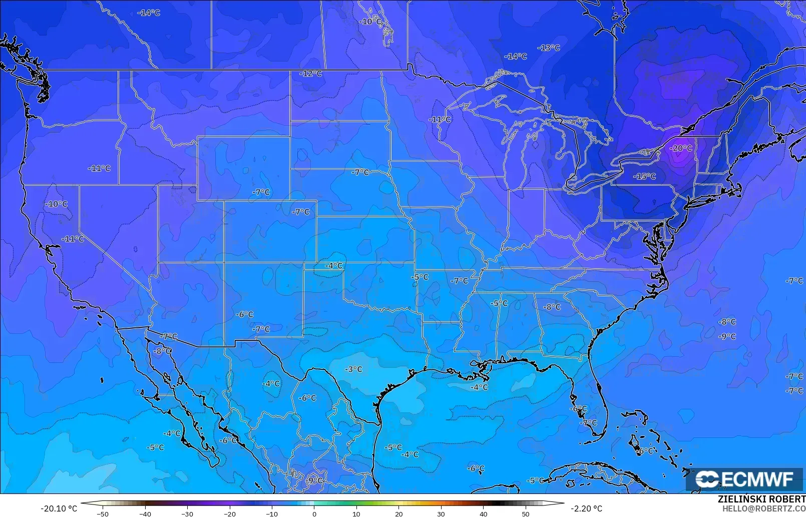 ECMWF IFS 0.25° model - United States, Temperature at 500hPa