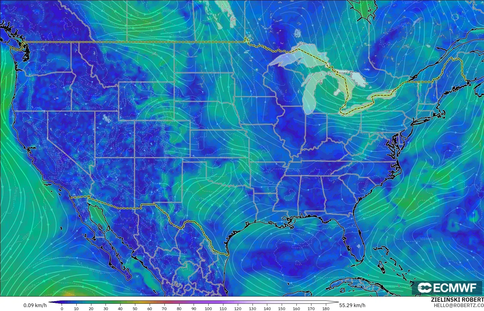 ECMWF IFS 0.25° model - United States, Wind at 10m