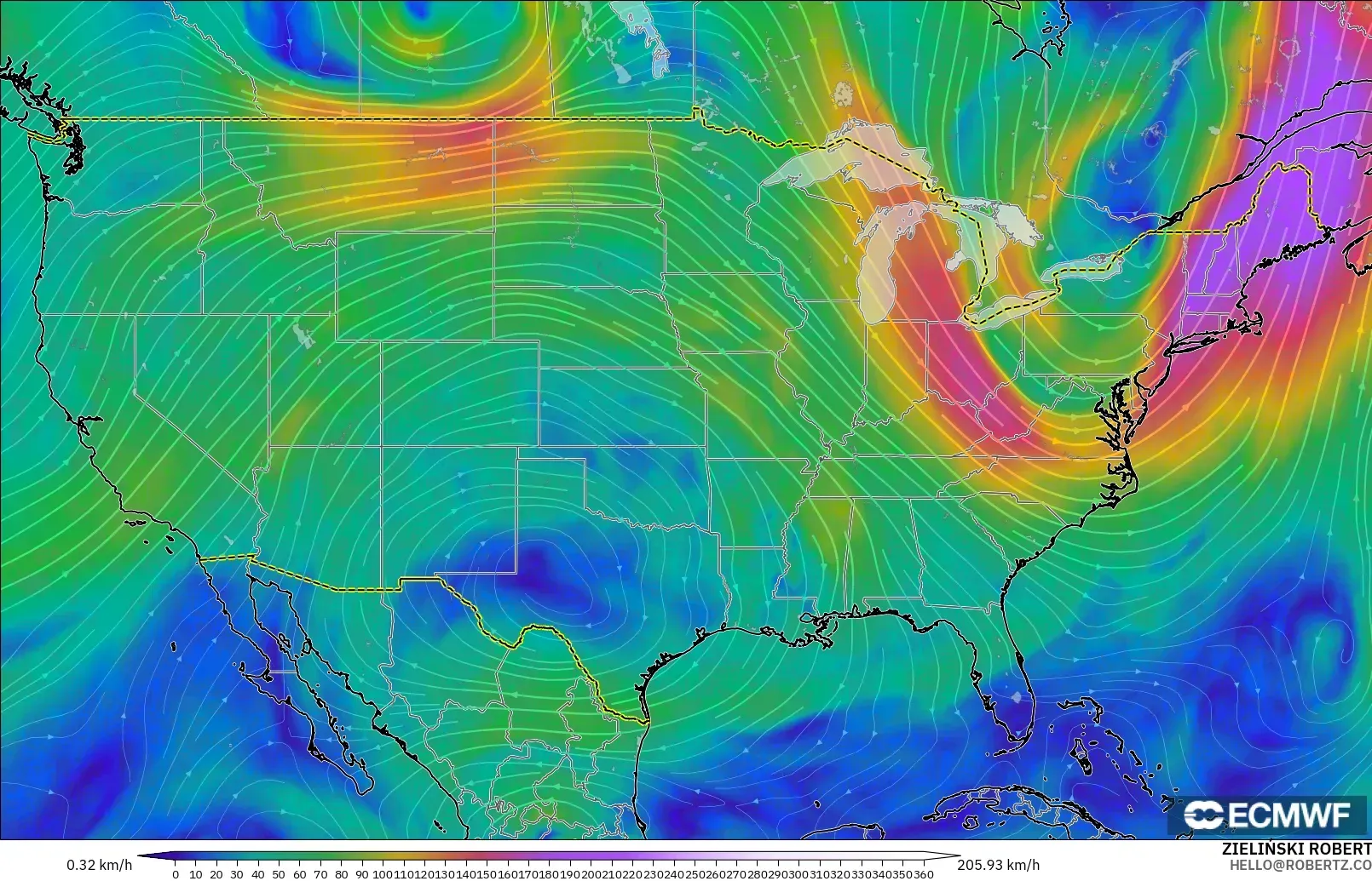 ECMWF IFS 0.25° model - United States, Wind at 300hPa (jet stream)