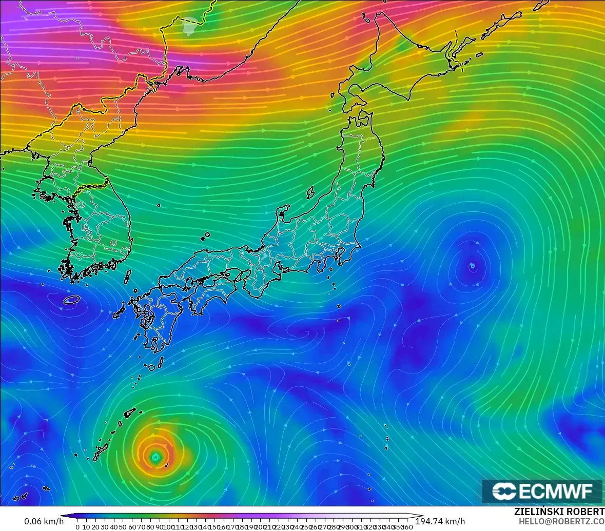 ECMWF IFS 0.25° model - Japan, Wind at 300hPa (jet stream)