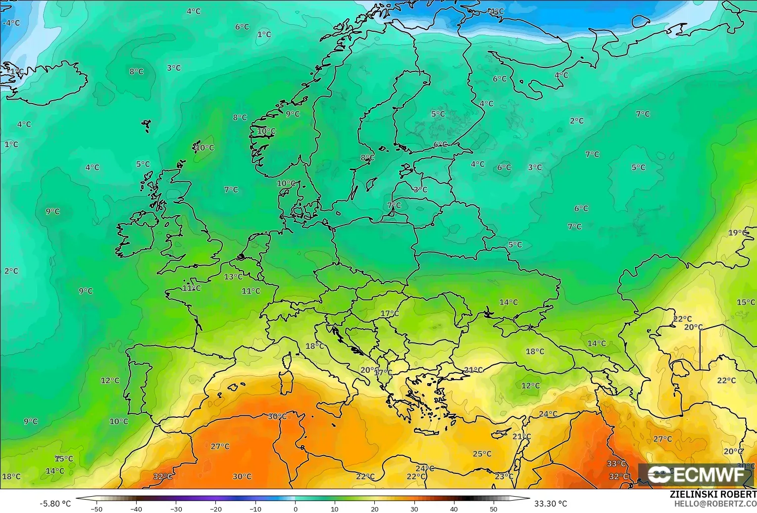 ECMWF IFS 0.25° model - Europe, Temperature at 850hPa