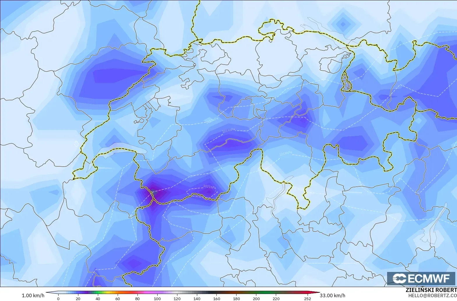 ECMWF IFS 0.25° model - Switzerland, Wind Gusts Peak