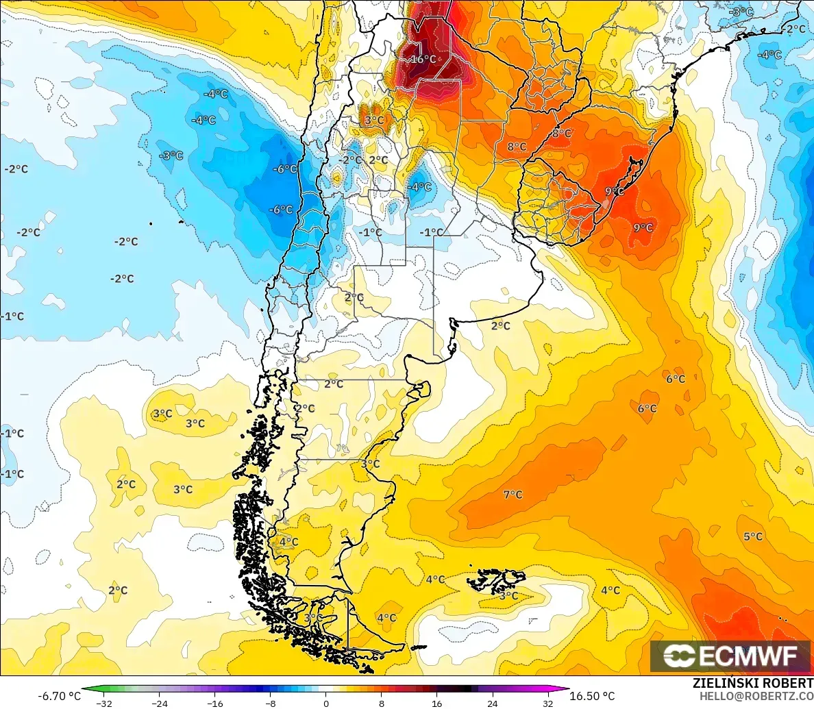 ECMWF IFS 0.25° model - Argentina, Temperature at 850hPa Anomaly