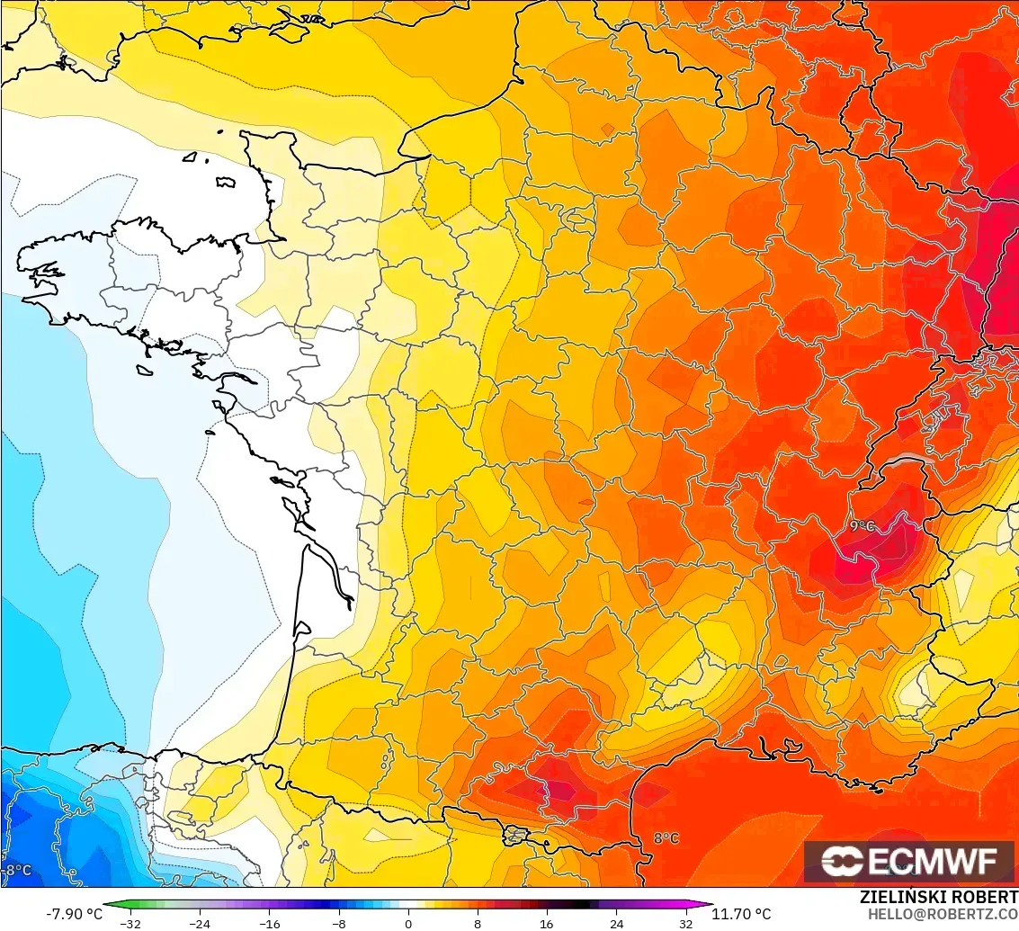 ECMWF IFS 0.25° model - France, Temperature at 850hPa Anomaly