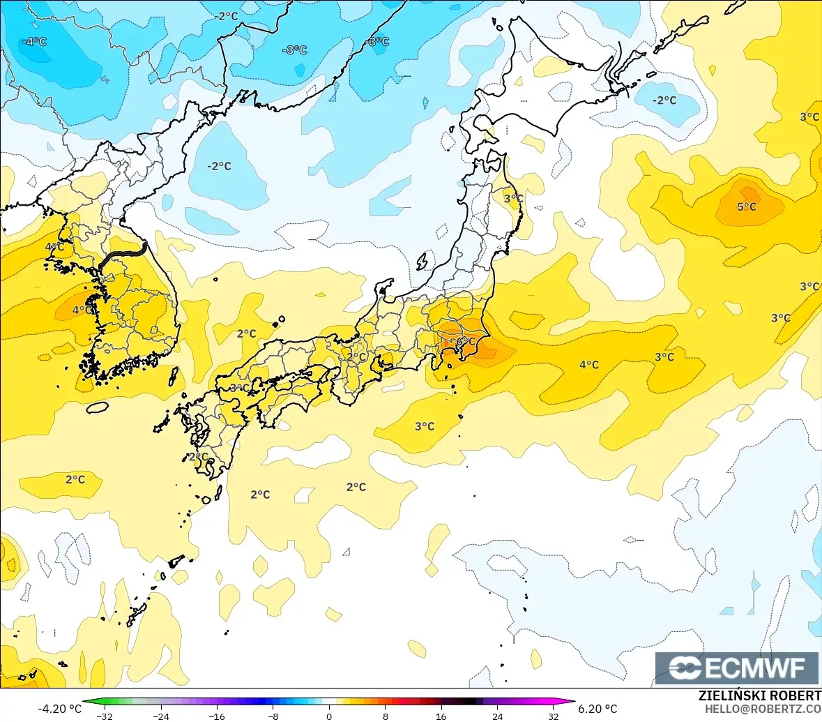 ECMWF IFS 0.25° model - Japan, Temperature at 850hPa Anomaly