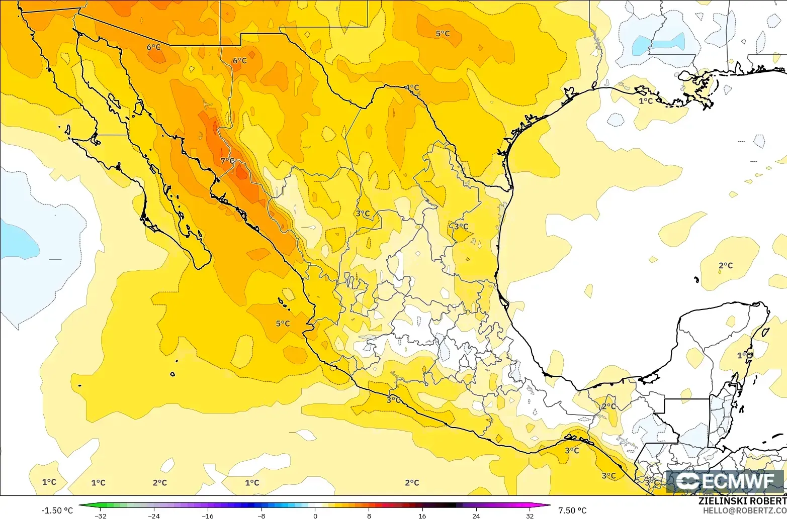ECMWF IFS 0.25° model - Mexico, Temperature at 850hPa Anomaly