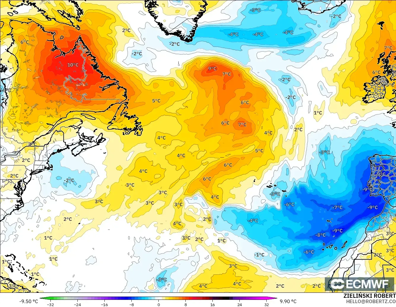 ECMWF IFS 0.25° model - North Atlantic, Temperature at 850hPa Anomaly