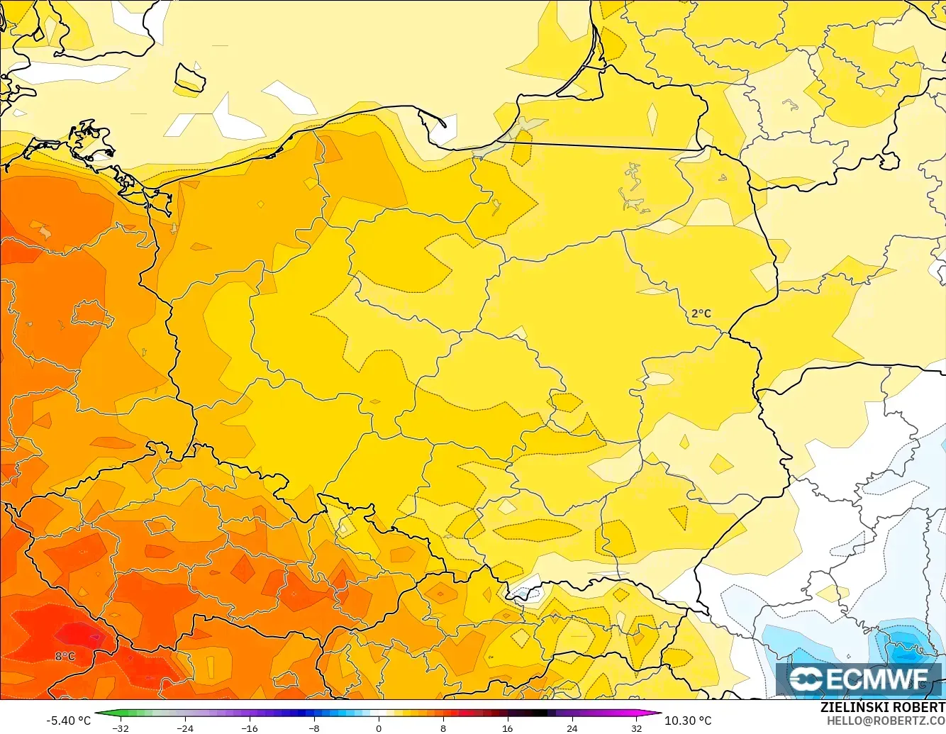 ECMWF IFS 0.25° model - Poland, Temperature at 2m Anomaly