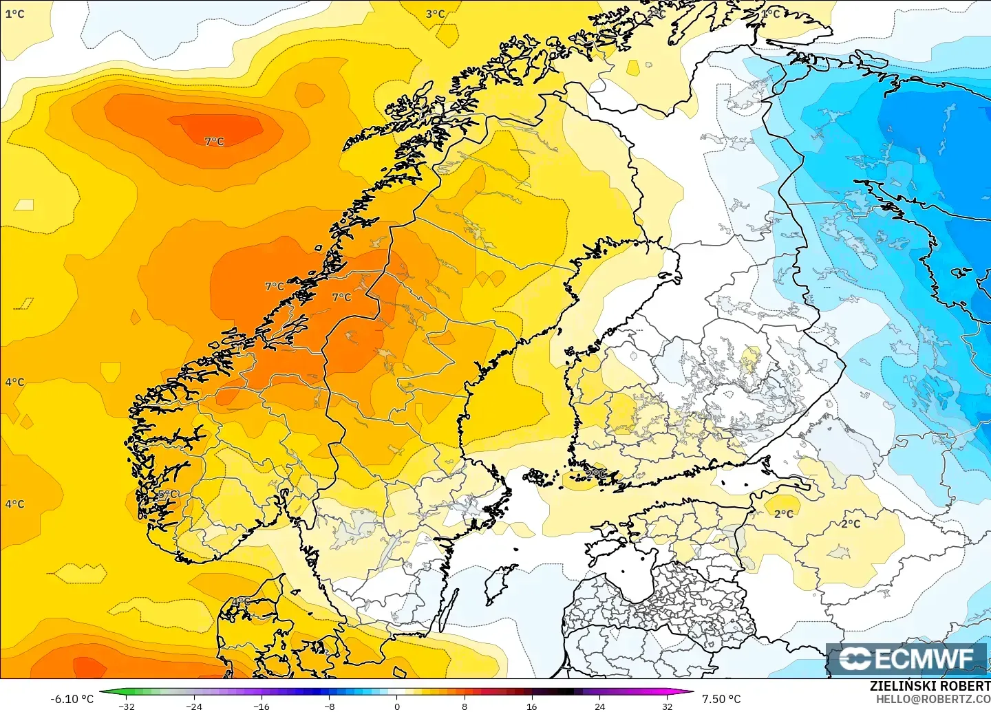 ECMWF IFS 0.25° model - Scandinavia, Temperature at 850hPa Anomaly