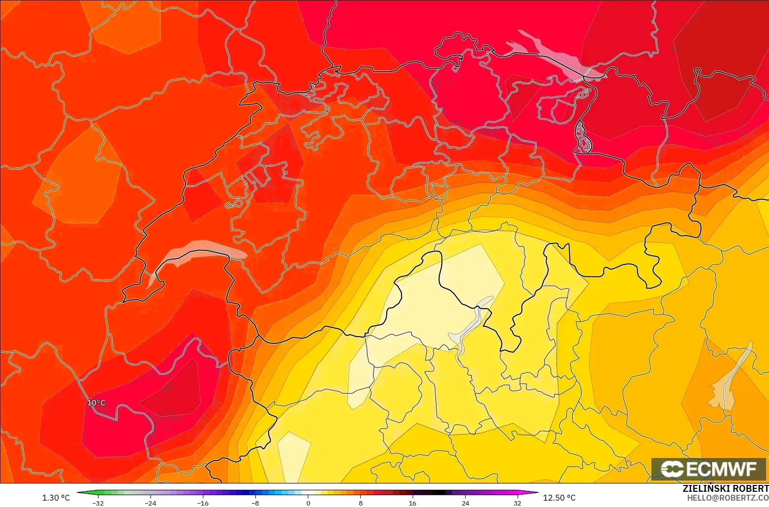 ECMWF IFS 0.25° model - Switzerland, Temperature at 850hPa Anomaly