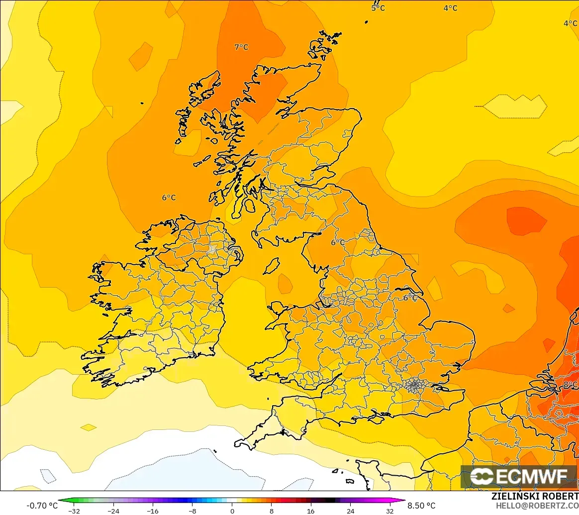ECMWF IFS 0.25° model - United Kingdom, Temperature at 850hPa Anomaly