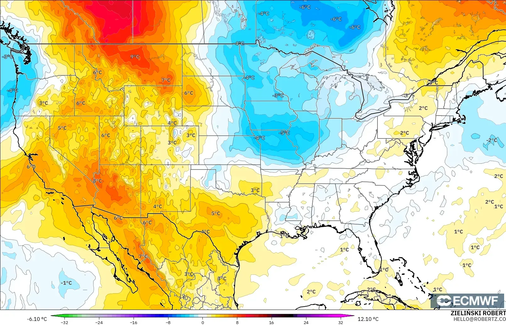 ECMWF IFS 0.25° model - United States, Temperature at 850hPa Anomaly