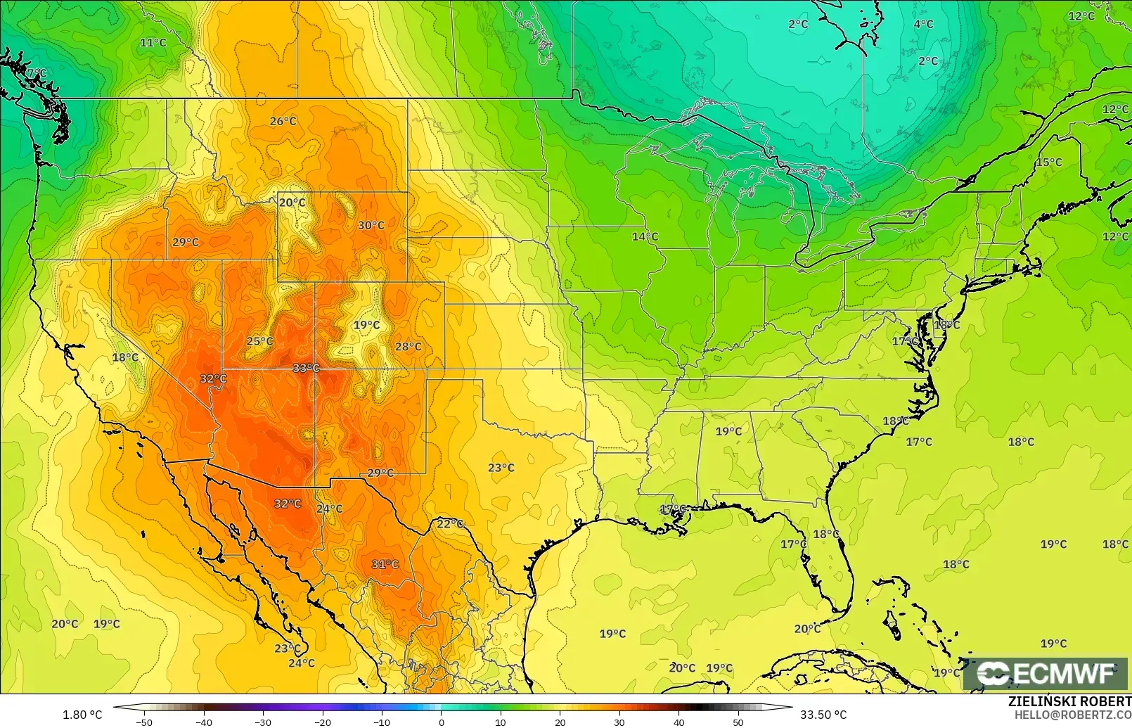 ECMWF IFS 0.25° model - United States, Temperature at 850hPa