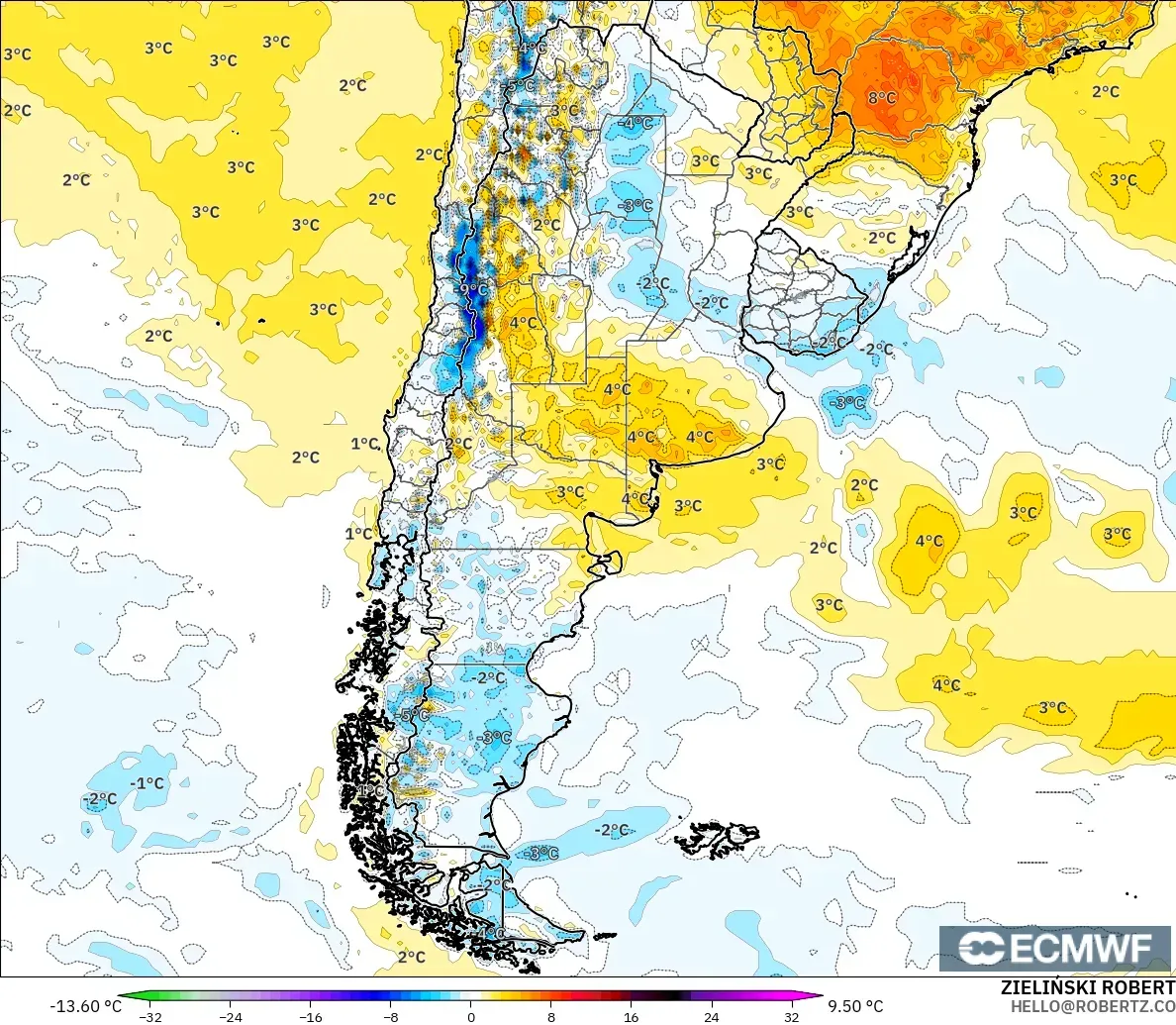 ECMWF IFS 0.25° model - Argentina, Temperature at 2m Anomaly