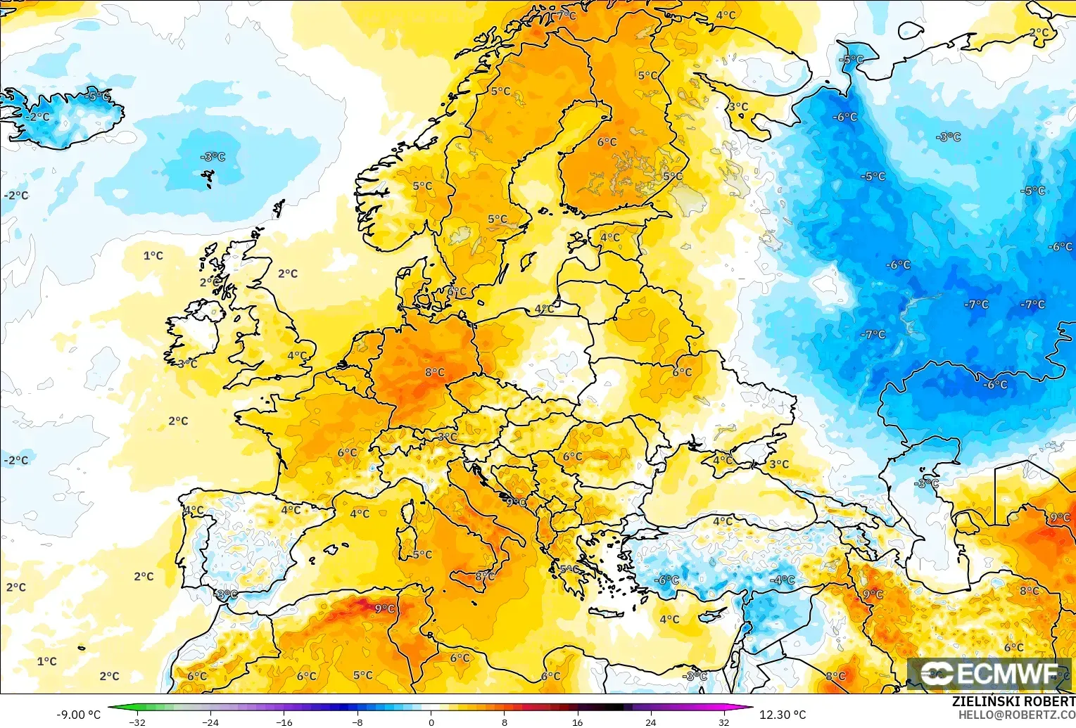 ECMWF IFS 0.25° model - Europe, Temperature at 2m Anomaly