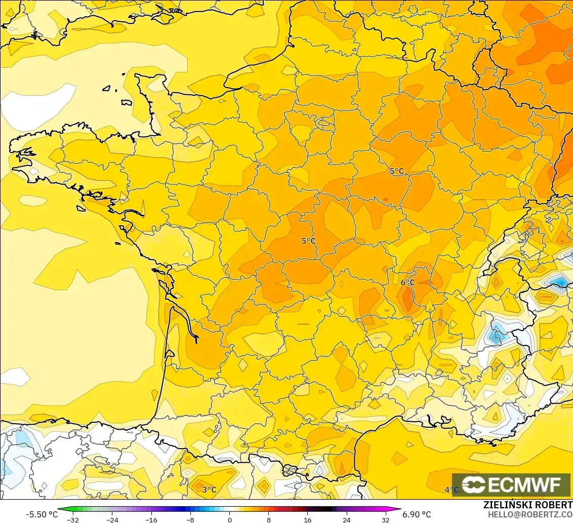 ECMWF IFS 0.25° model - France, Temperature at 2m Anomaly