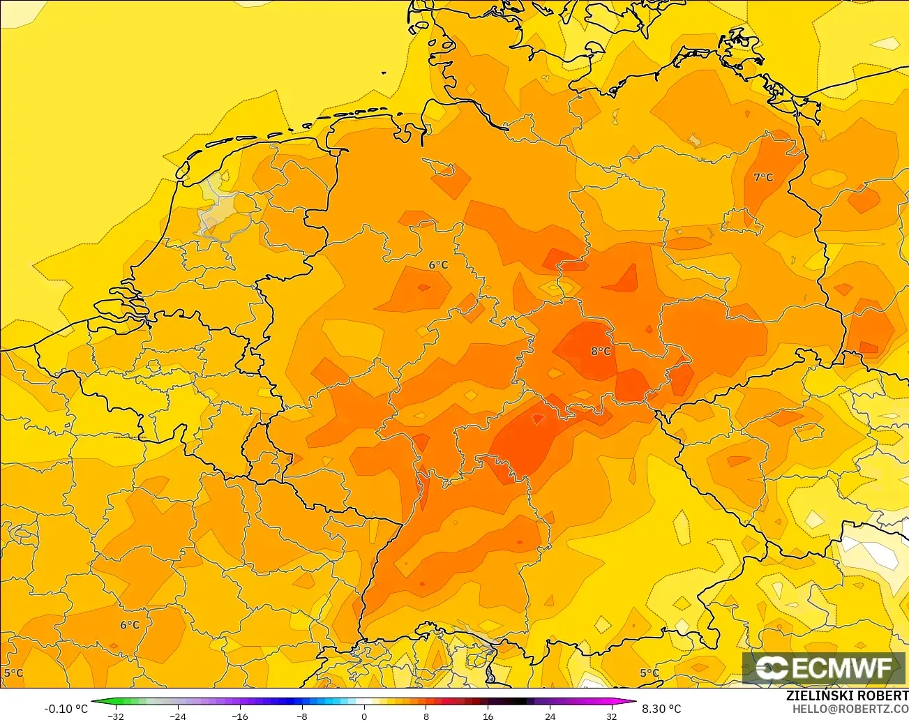 ECMWF IFS 0.25° model - Germany, Temperature at 2m Anomaly