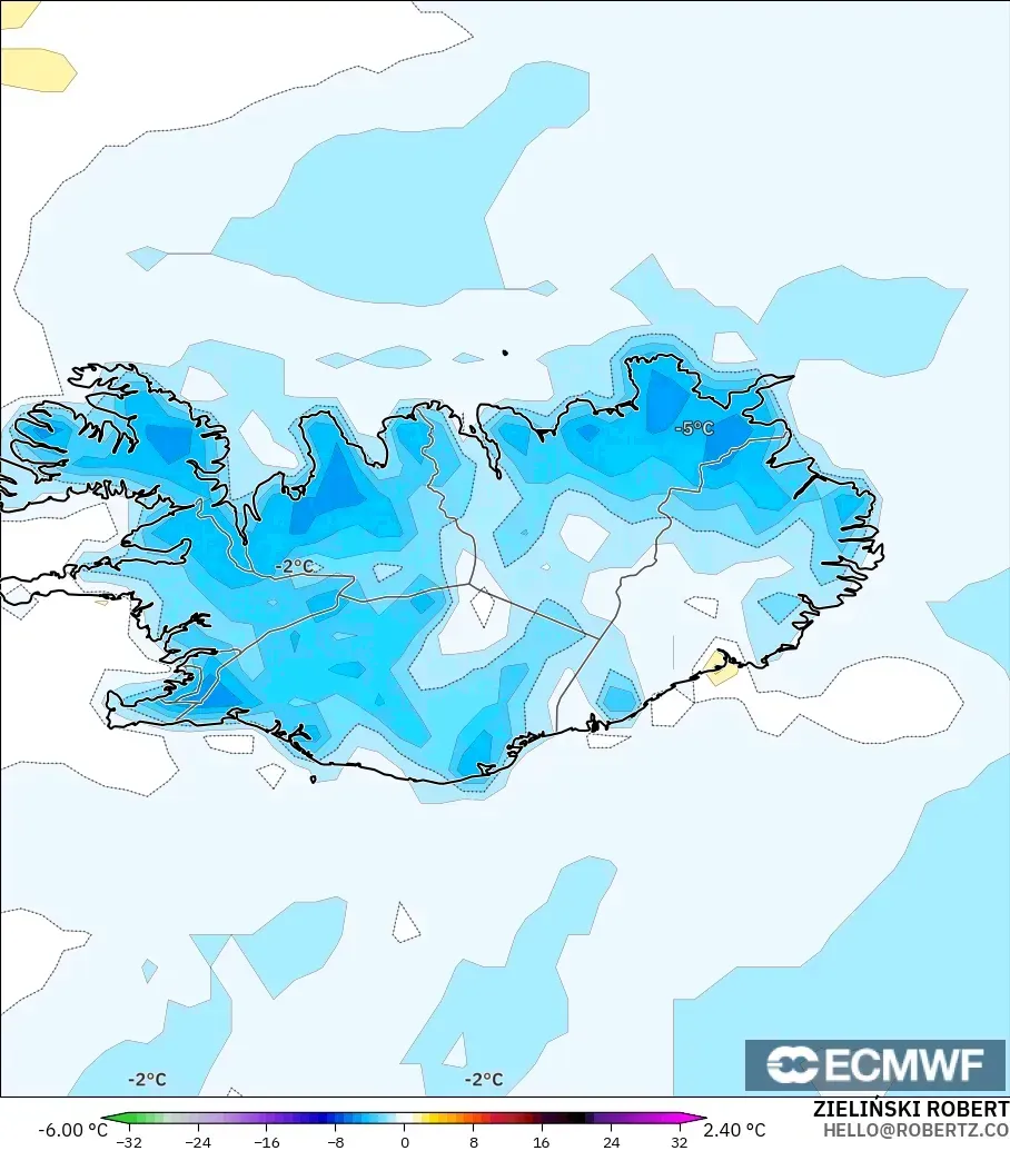 ECMWF IFS 0.25° model - Iceland, Temperature at 2m Anomaly