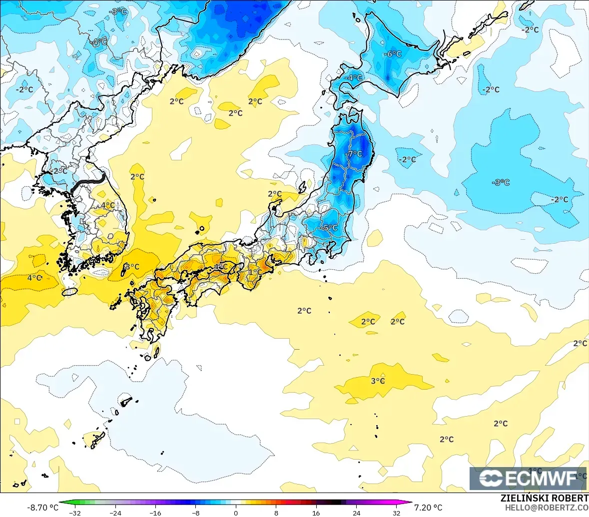 ECMWF IFS 0.25° model - Japan, Temperature at 2m Anomaly