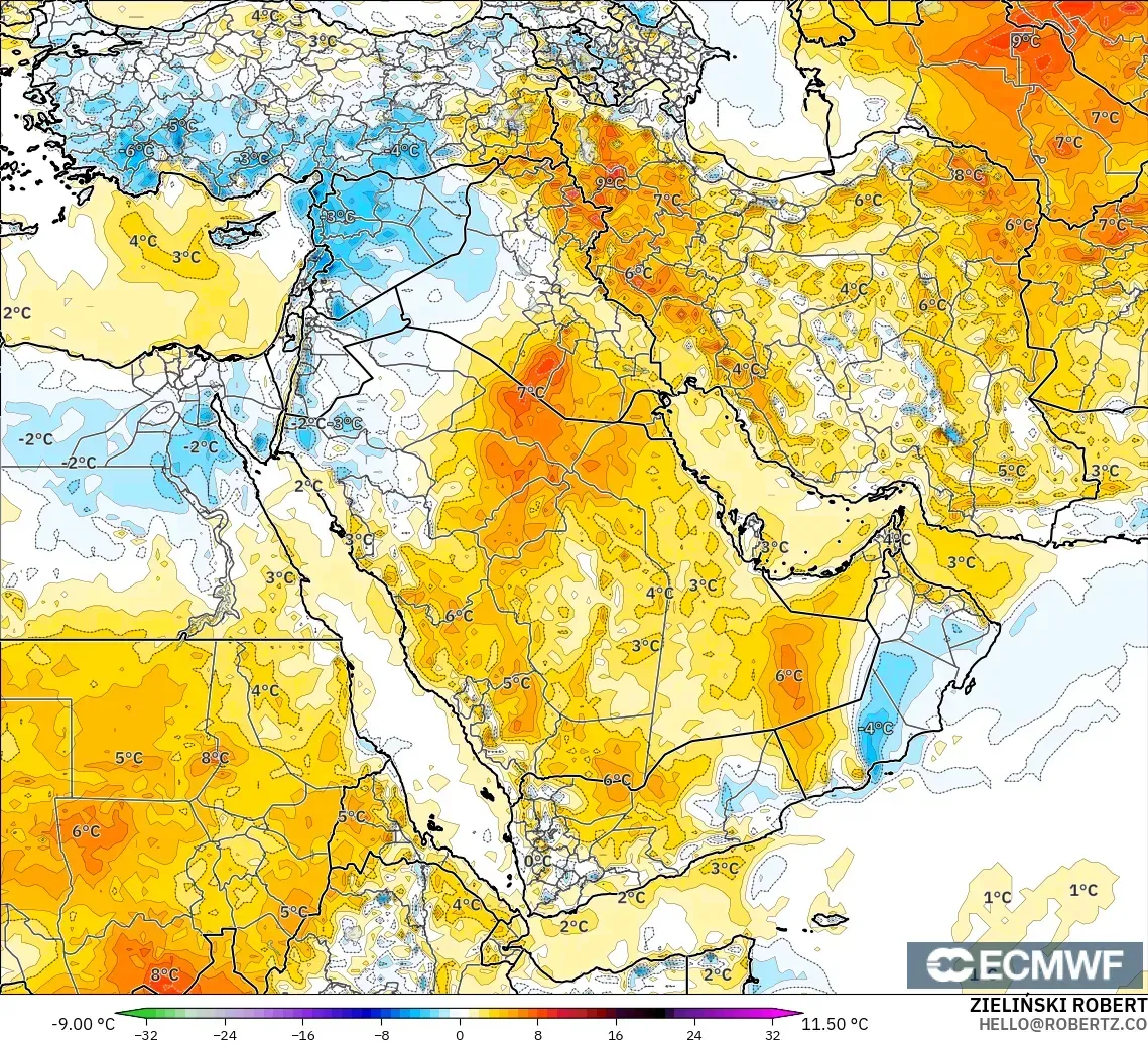 ECMWF IFS 0.25° model - Middle East, Temperature at 2m Anomaly