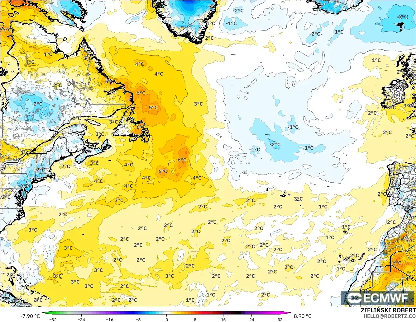 ECMWF IFS 0.25° model - North Atlantic, Temperature at 2m Anomaly