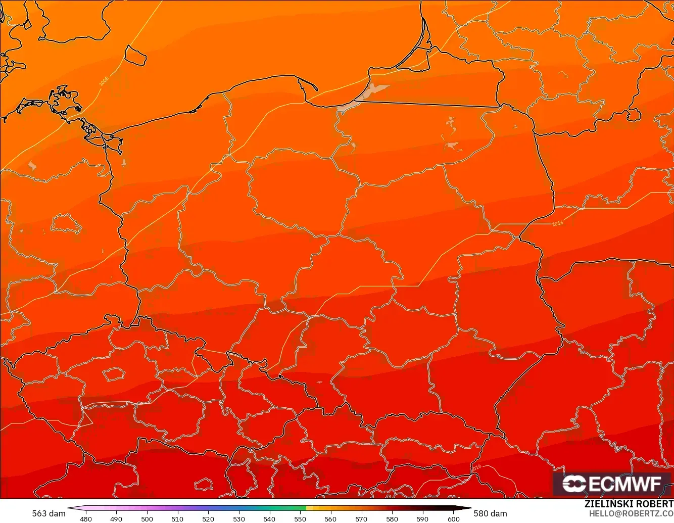 ECMWF IFS 0.25° model - Poland, Geopotential height at 500hPa