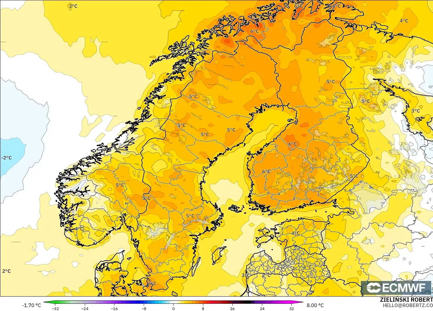 ECMWF IFS 0.25° model - Scandinavia, Temperature at 2m Anomaly