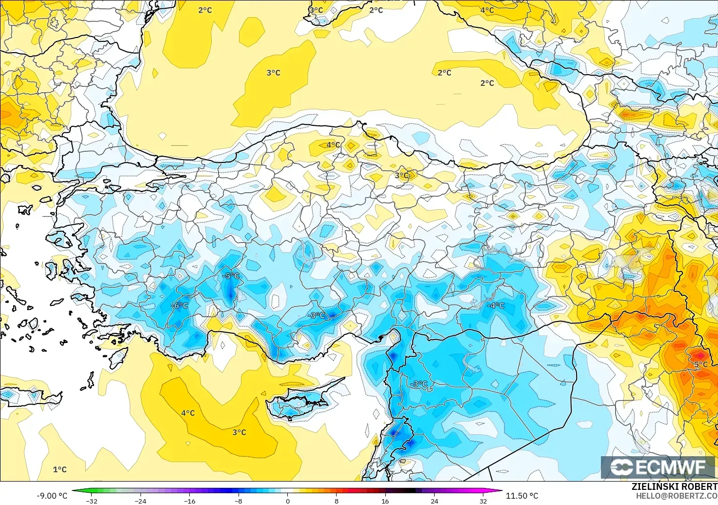 ECMWF IFS 0.25° model - Turkey, Temperature at 2m Anomaly