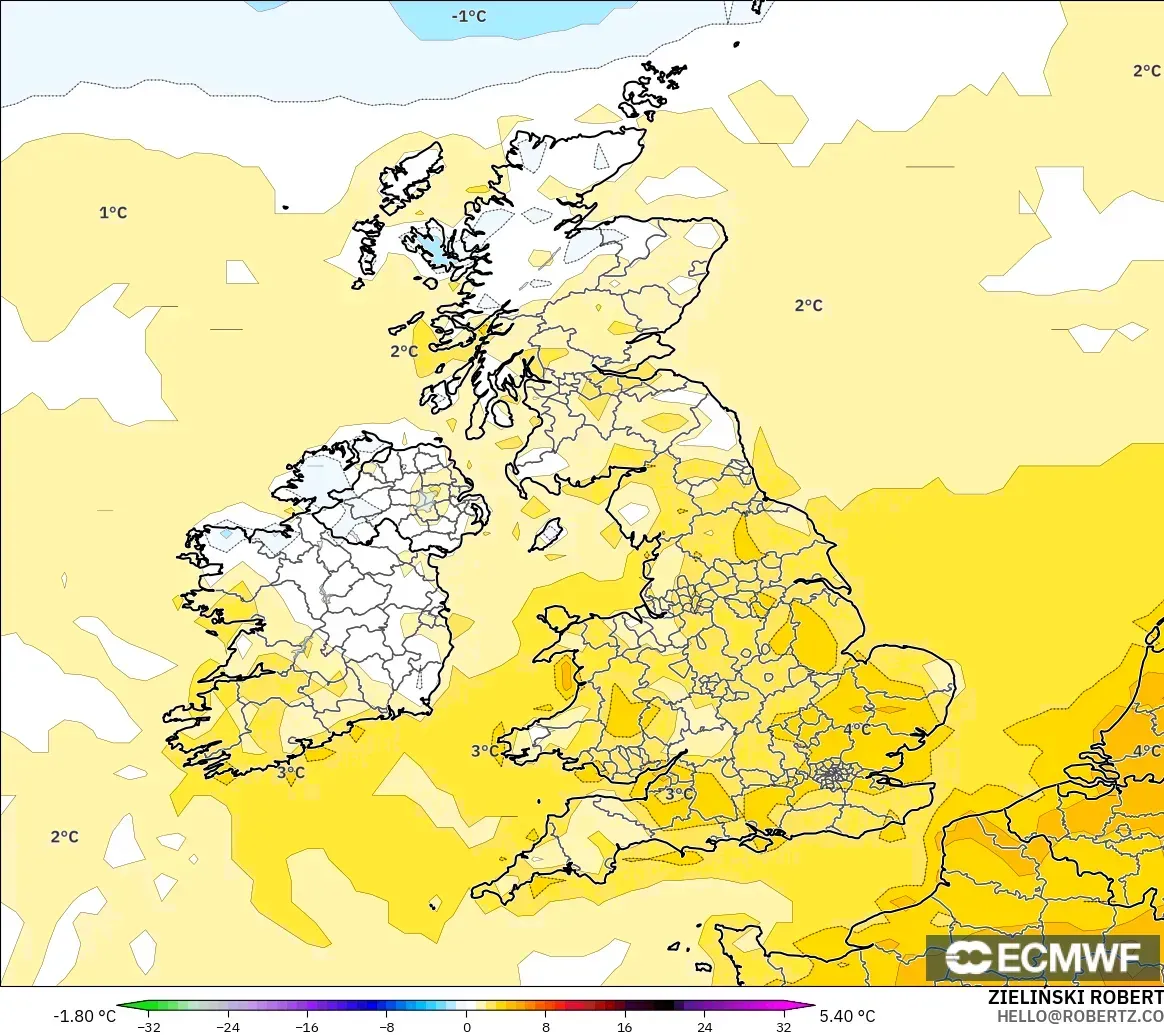 ECMWF IFS 0.25° model - United Kingdom, Temperature at 2m Anomaly