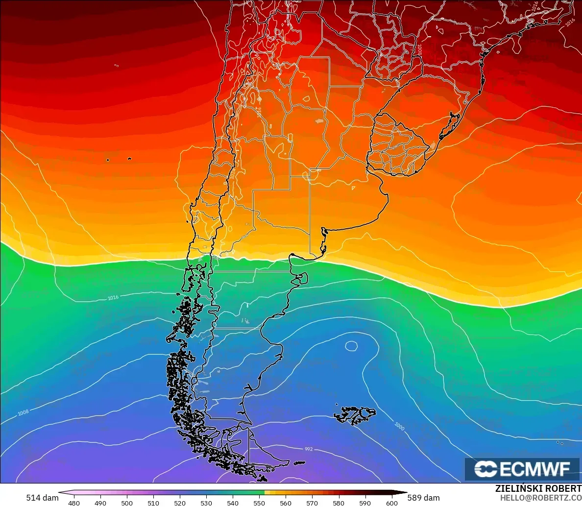 ECMWF IFS 0.25° model - Argentina, Geopotential height at 500hPa