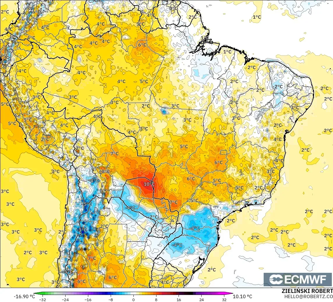 ECMWF IFS 0.25° model - Brazil, Temperature at 2m Anomaly