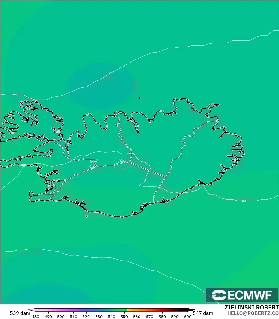 ECMWF IFS 0.25° model - Iceland, Geopotential height at 500hPa