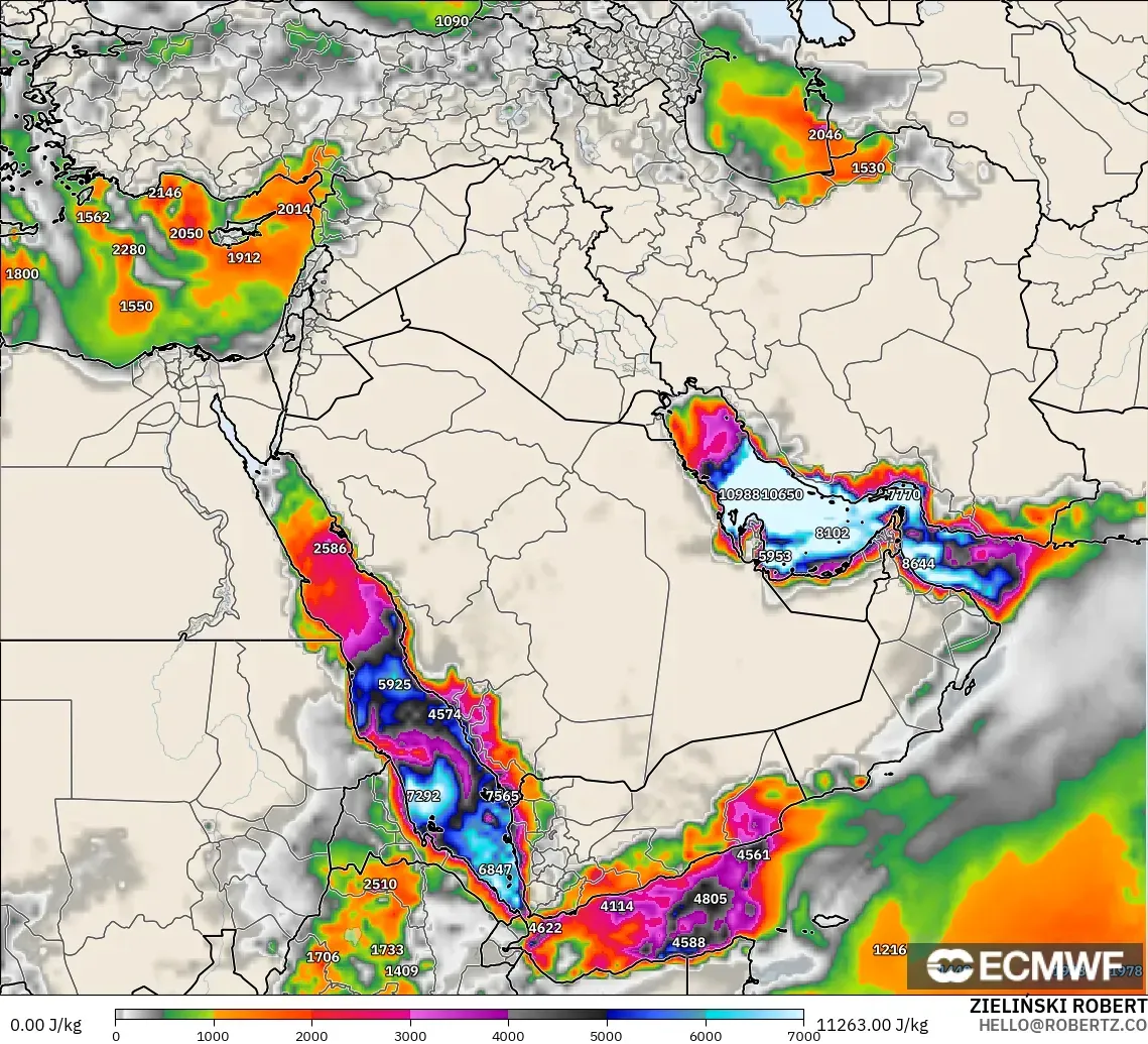 ECMWF IFS 0.25° model - Middle East, CAPE
